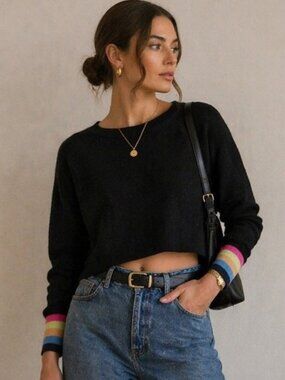 Michael Lauren 100% Cashmere Cropped Sweater Black Rainbow Sleeve M Made Italy